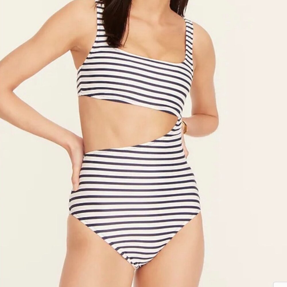 VGC J. CREW Cut Out One Piece White and Navy Stripped Bathing Suit Size 8 Women